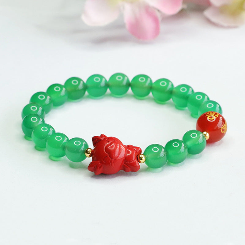 Zodiac Dragon Sterling Silver Bracelet with Natural Green Chalcedony and Red Sand Cinnabar