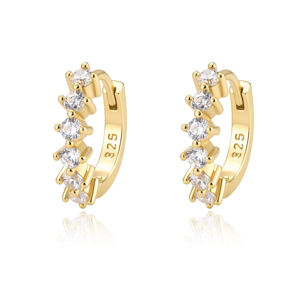Europe, America Foreign Trade Circle C-Shaped Inlaid Zircon Personalized S925 Sterling Silver Earrings