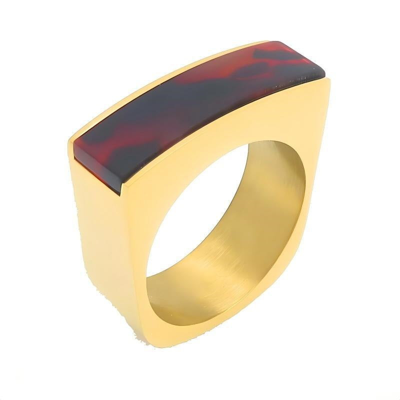 Retro Square Resin Patch Ring, Medieval Women's Stainless Steel Ring