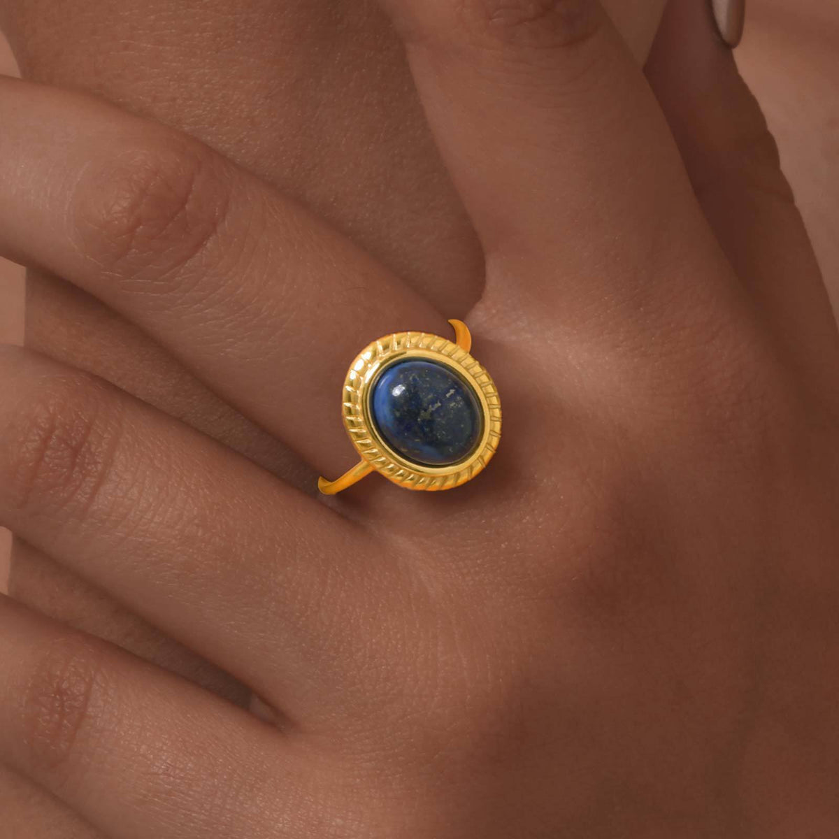 Stainless Steel Oval Natural Stone Design Sense Open Ring Gold