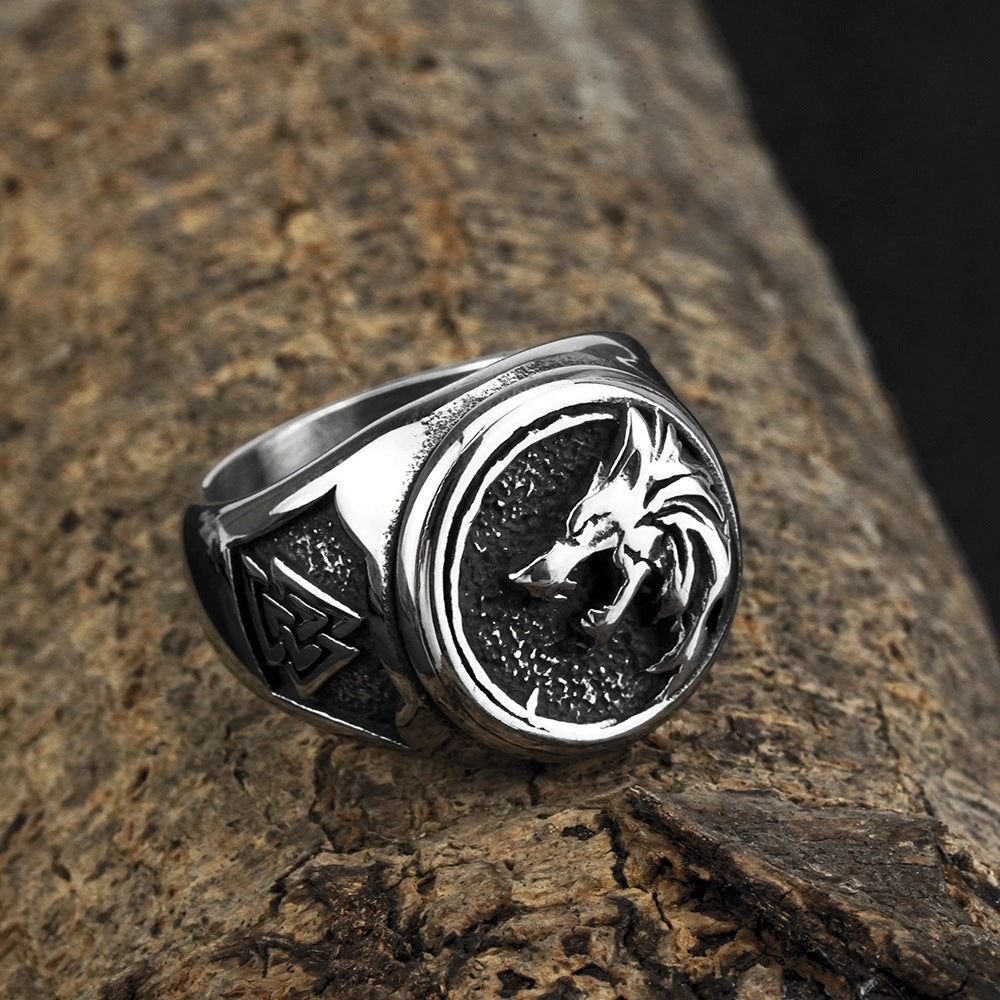 European and American Jewelry Wholesale Men's Titanium Steel Ring Retro Viking Wolf Head Logo Ring