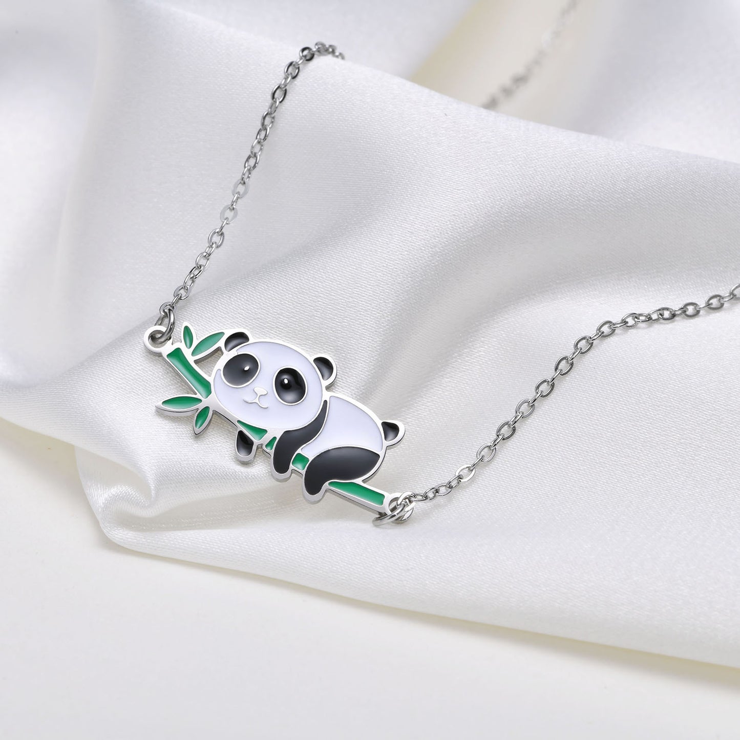 Stainless Steel All-Light Flat Cross Chain Panda Bamboo Necklace