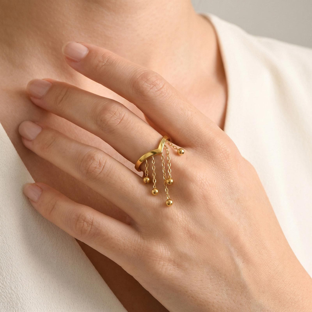 Ladies Open Ring Stainless Steel Gold V-Shaped Imitation Pearl Tassel Elegant
