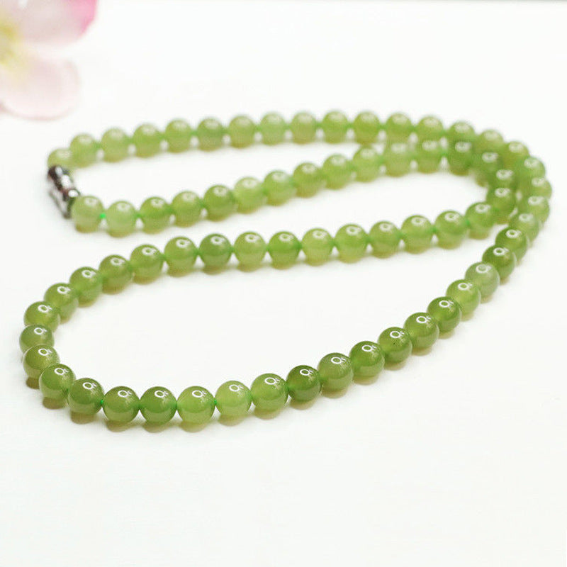 Natural Hotan Jade Light Green Jade Necklace Round Beads String Jade Jewelry