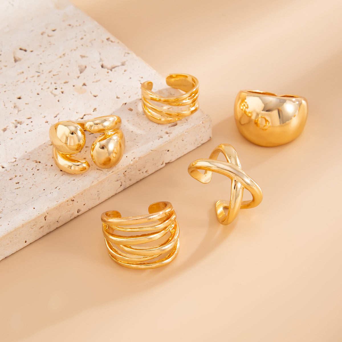 Planderful Vienna Verve Liquid Pleated Ring Set For Women Retro Winding And Stacking Statement