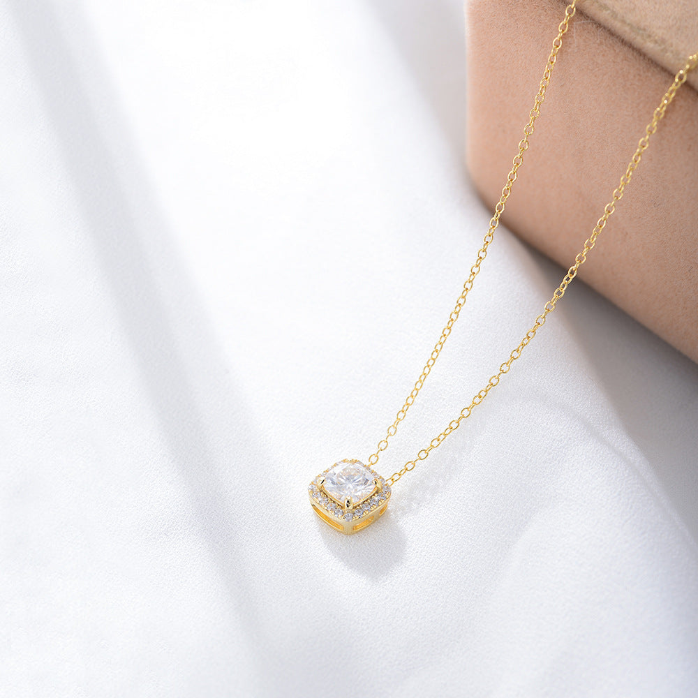 Korean Version S925 Sterling Silver Geometric Square Zircon Necklace Small