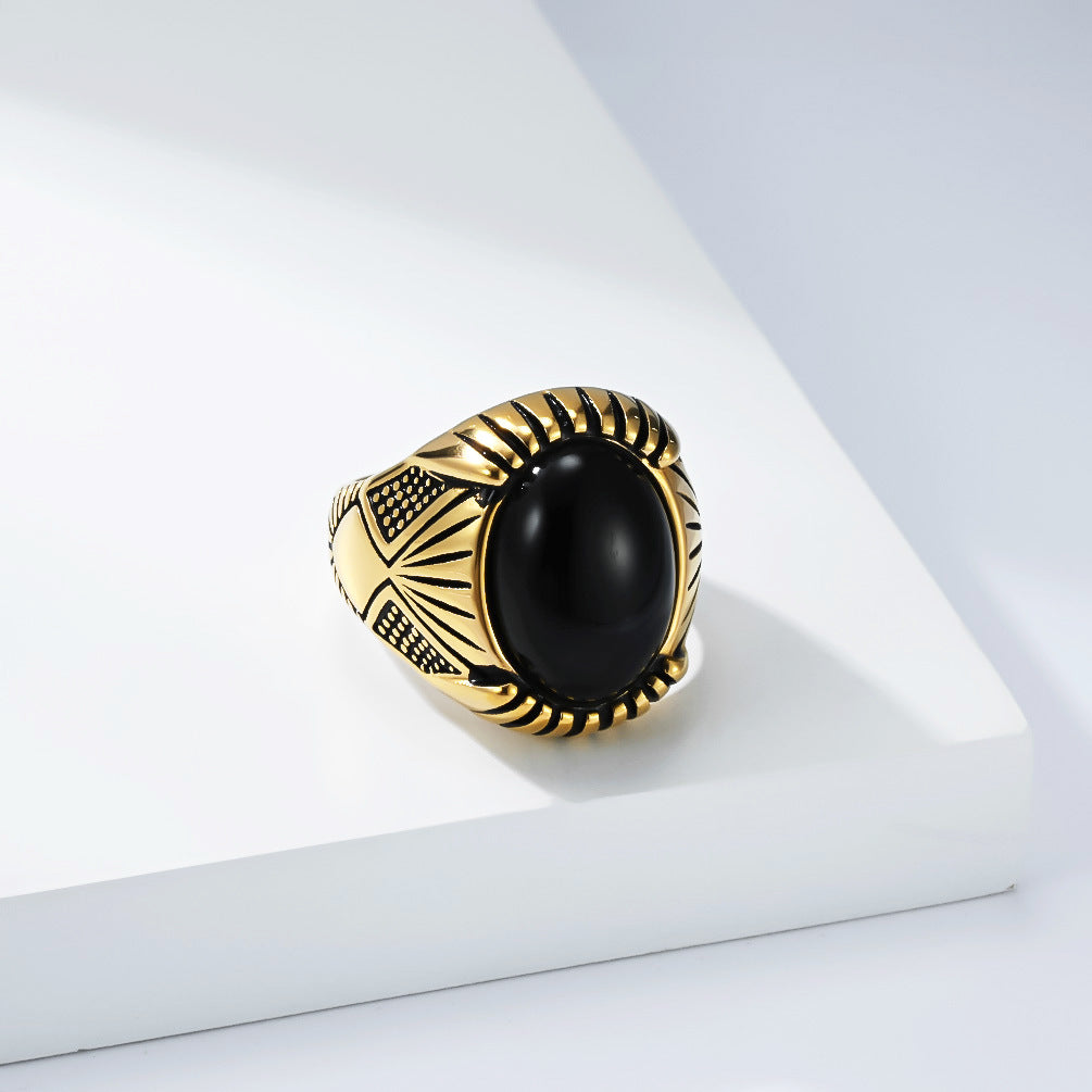 Planderful Everyday Genie Retro Oval Black Stone Ring For Men And Unisex Durable Titanium Steel