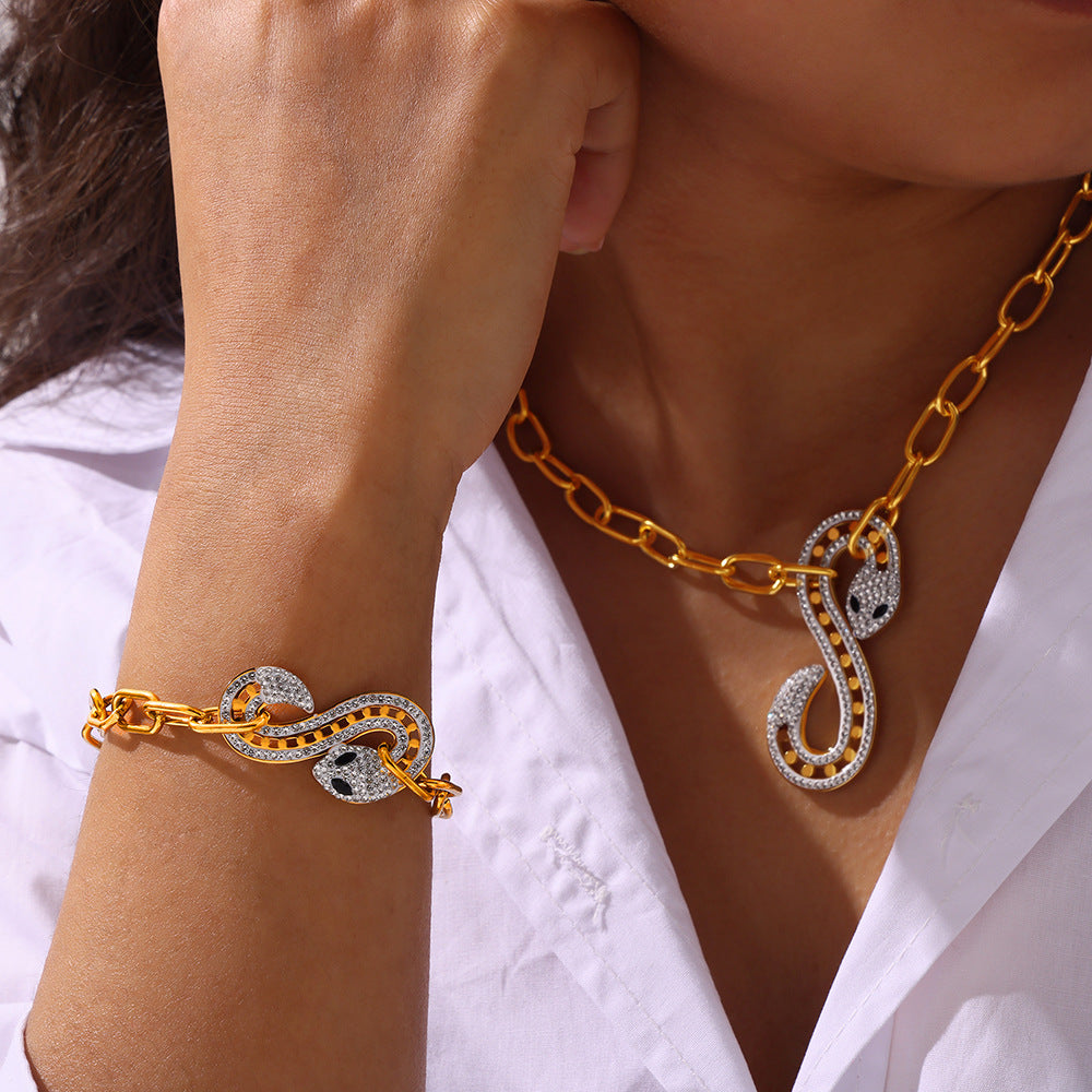 Elegant French Style Titanium Steel Jewelry Set with Zircon Snake Pendant