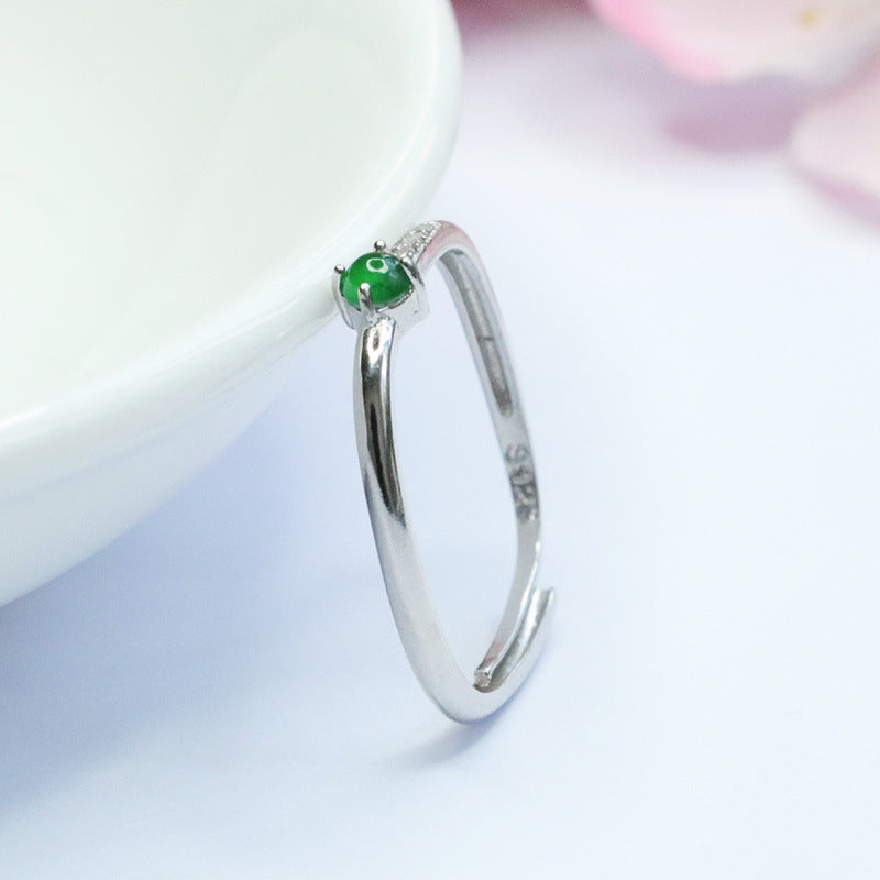 Green Jadeite Geometric 925 Silver Ring