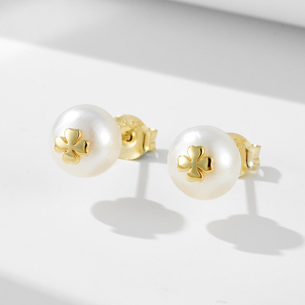 925 Sterling Silver Retro French Natural Pearl Stud Earrings Four-Leaf Clover Earrings And