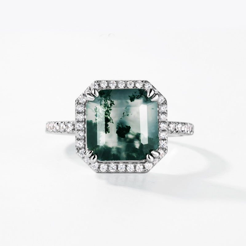 Planderful Jewelry Sterling Silver Ring S925 Green Moss Agate Retro Square Design For Women