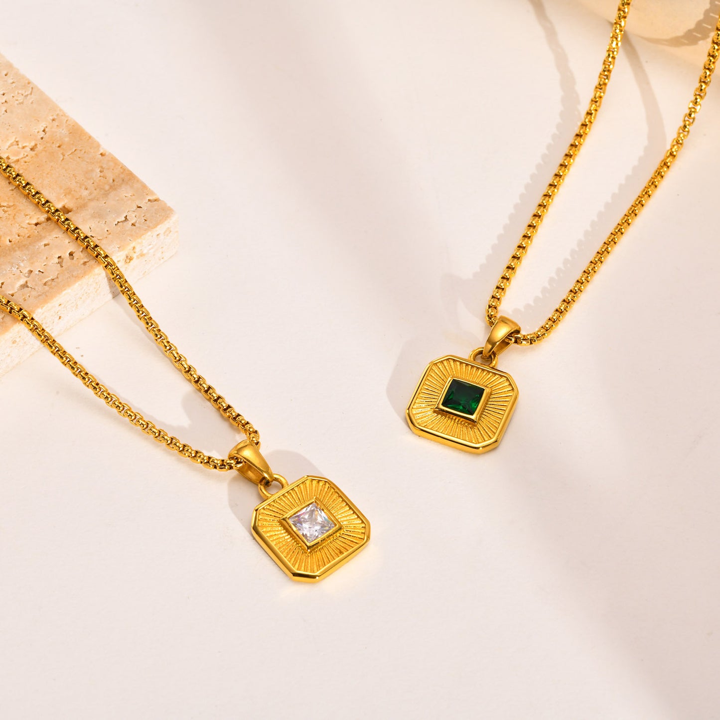 Stainless Steel Zircon Square Pendant Necklace Gold Women