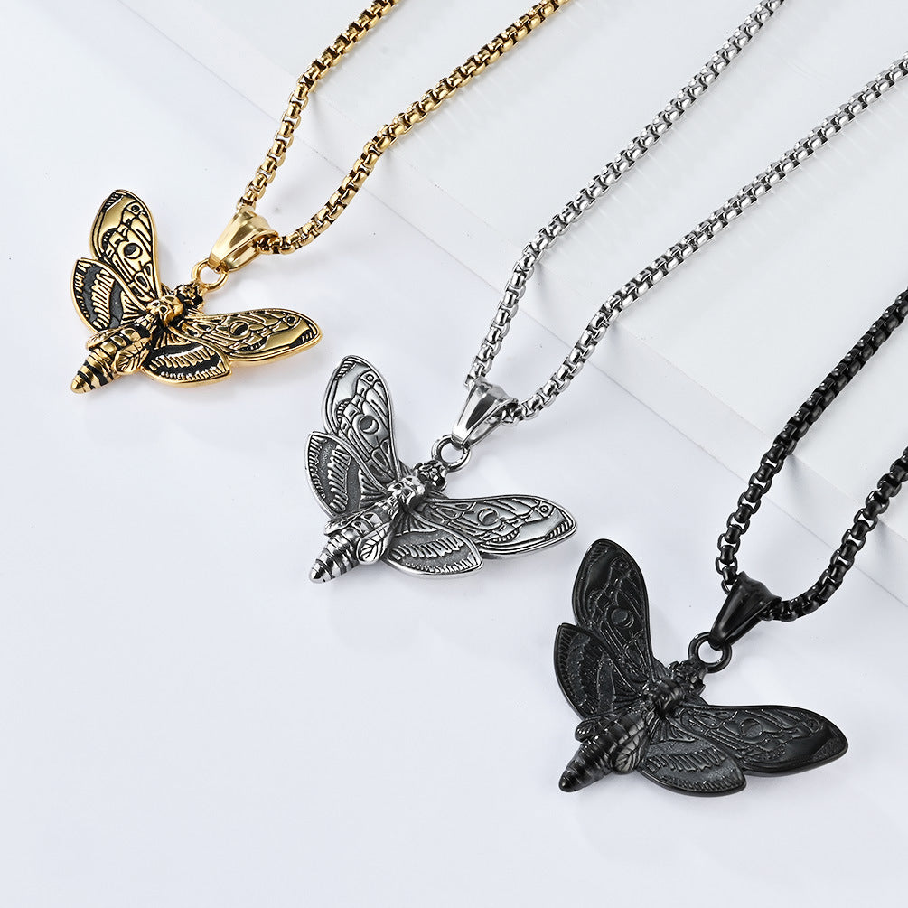 Planderful Punk Butterfly Skull Necklace Titanium Steel Dark Edgy Pendant For Gothic Fashion Lovers