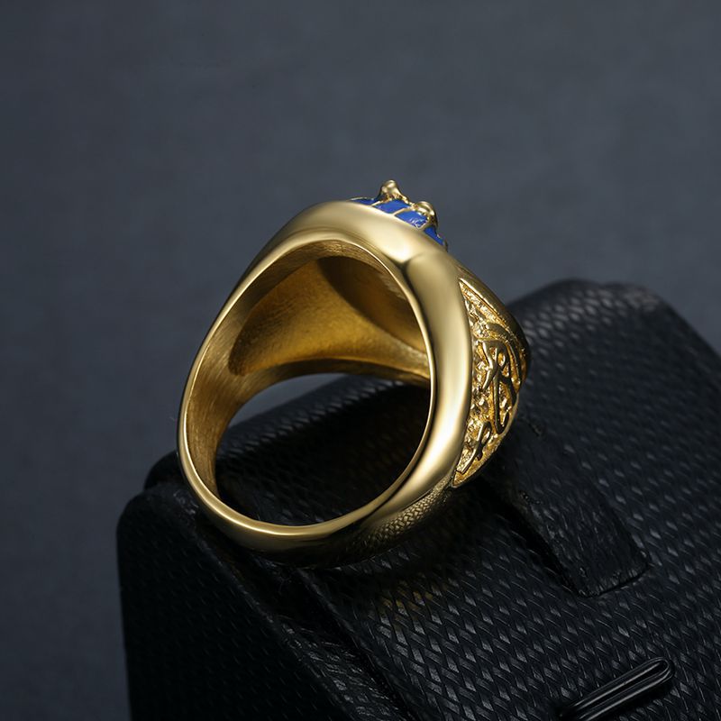 Planderful Titanium Steel Gold Plated Horus Eye Ring For Men Blue Gel Egyptian Pharaoh Symbol
