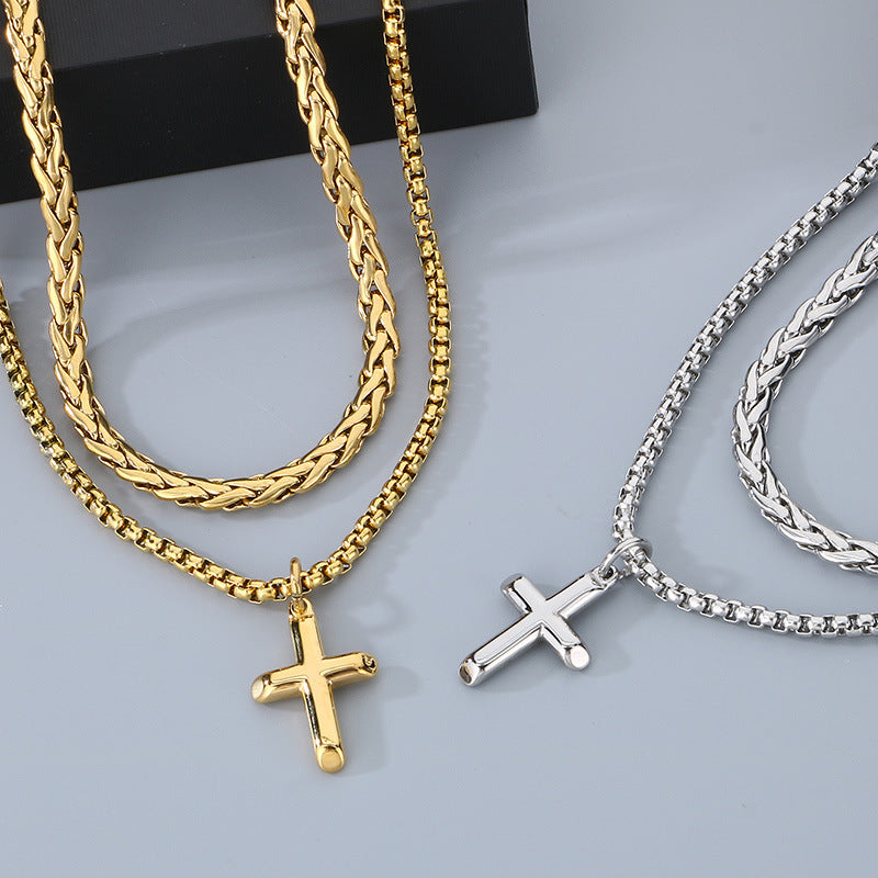 Hip-Hop Trendy Men Stacked Cross Pendant Double-Layer Square Pearl Flower Basket Chain Titanium Necklace