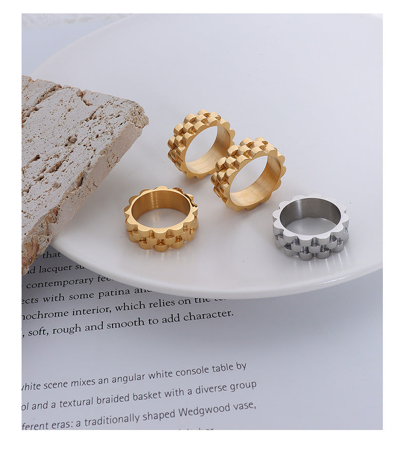 Exaggerated Retro Style Titanium Steel Gold Ring with Thick Strap