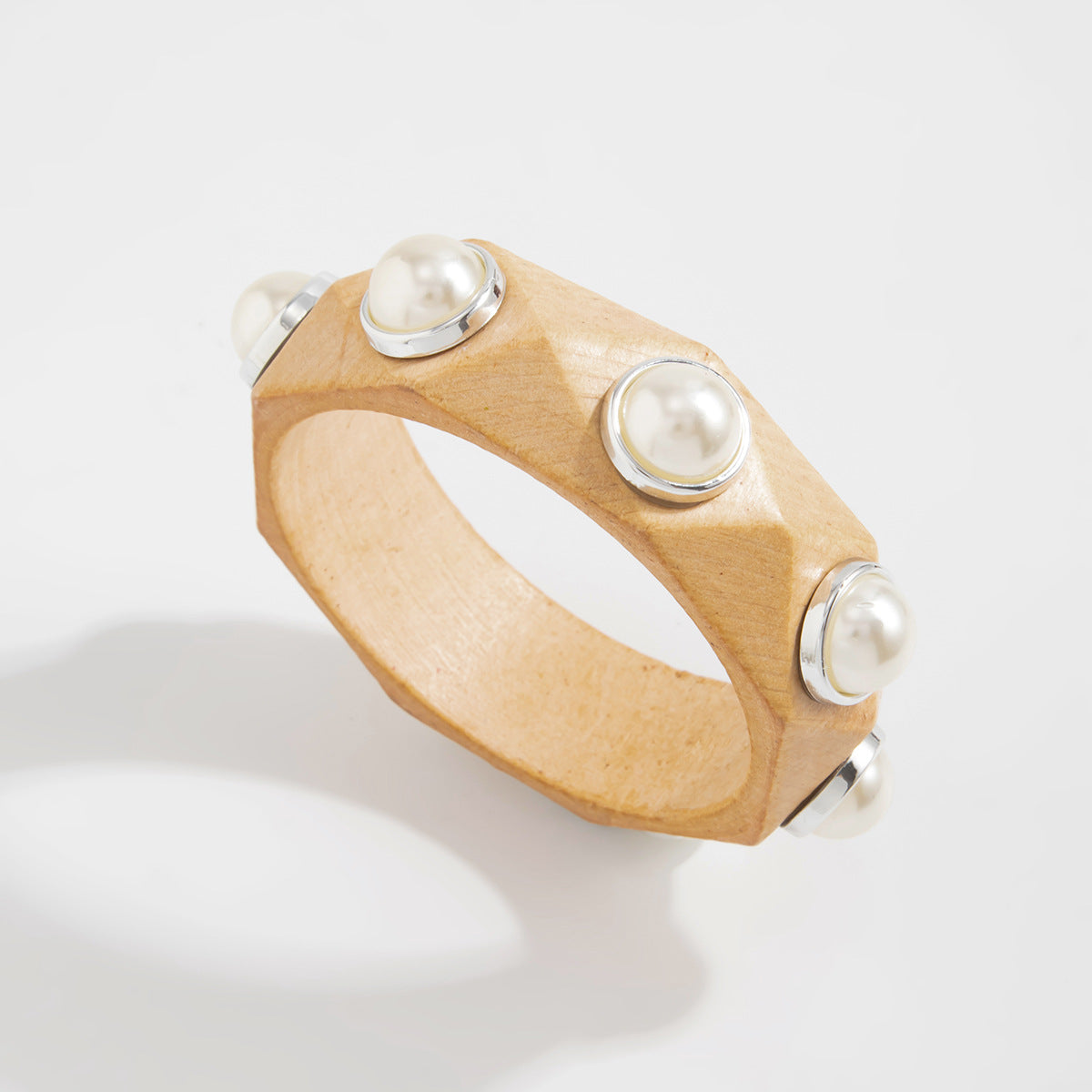 Planderful Vienna Verve Handcrafted Wooden Bracelet With Imitation Pearl Inlay Statement For Women