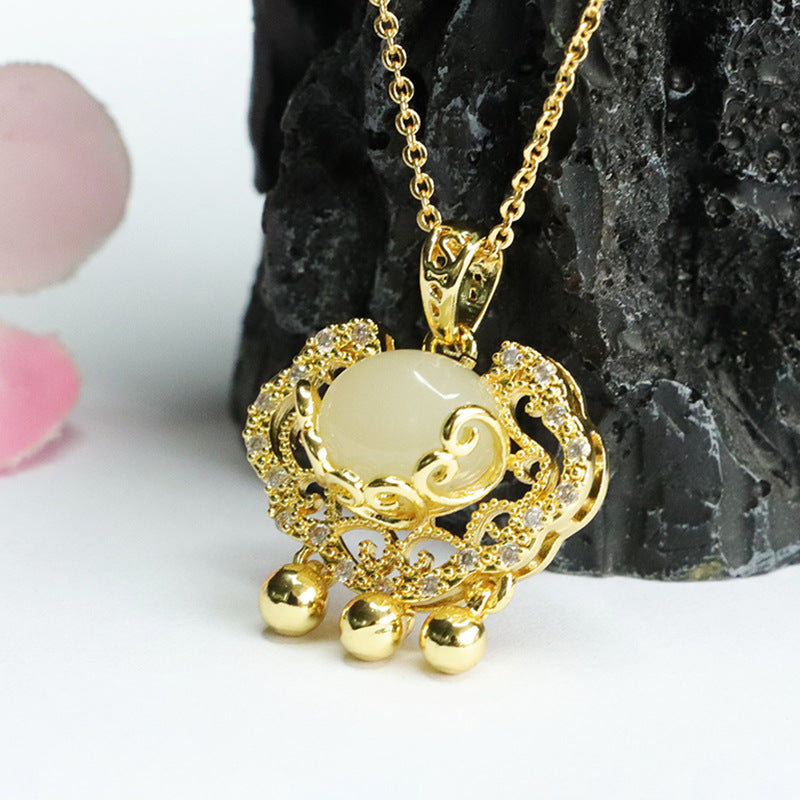Zircon Ruyi Lock Pendant crafted from Hetian Jade and Sterling Silver