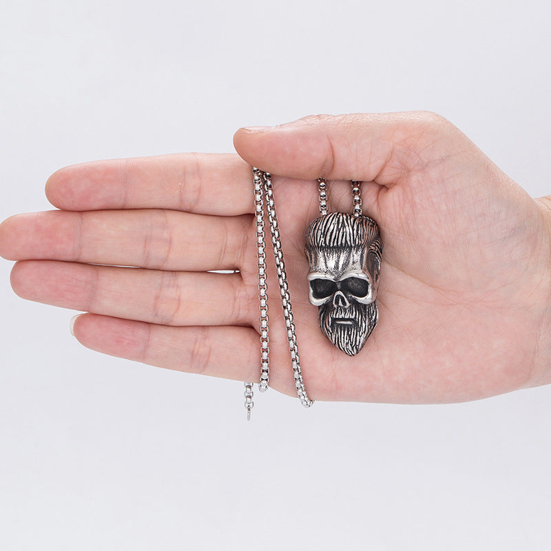 Steel Necklace – Vintage Bearded Skull Pendant for Men