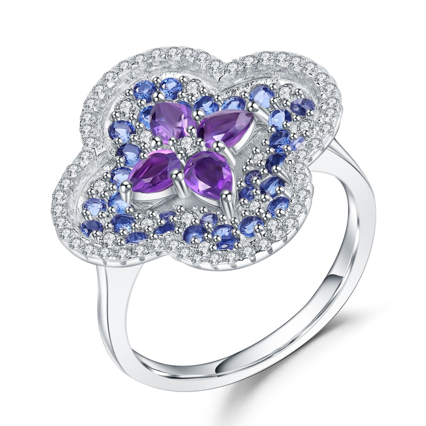 Flourishing Flower Natural Amethyst Silver Ring