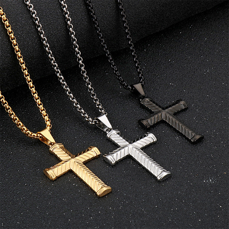 Planderful European And American Retro Titanium Steel Pattern Cross Necklace For Men Durable Pendant