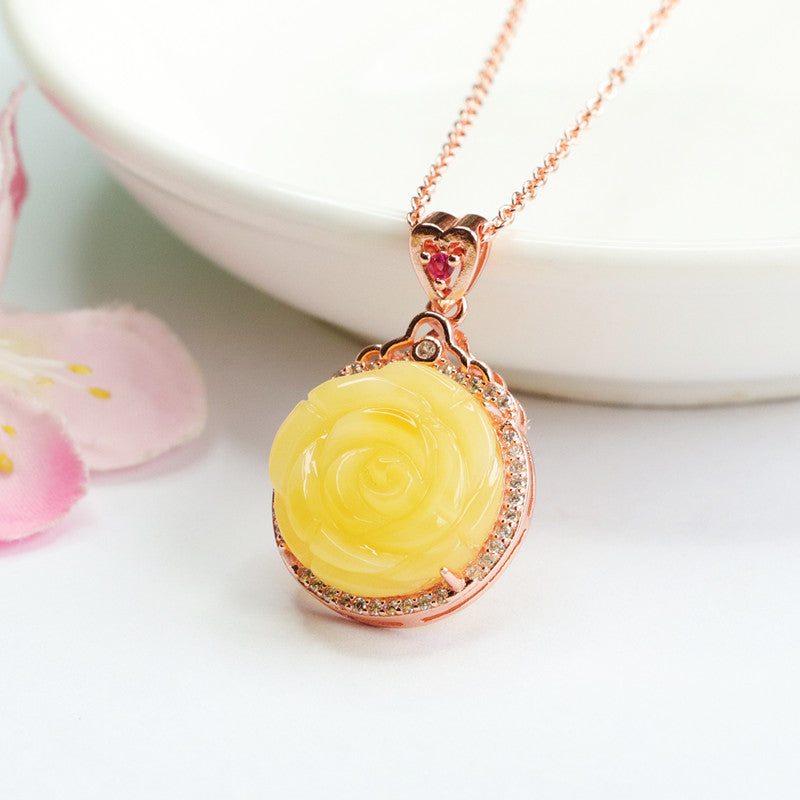 Zircon Halo Rose Gold Necklace with Natural Honey Wax Amber Pendant