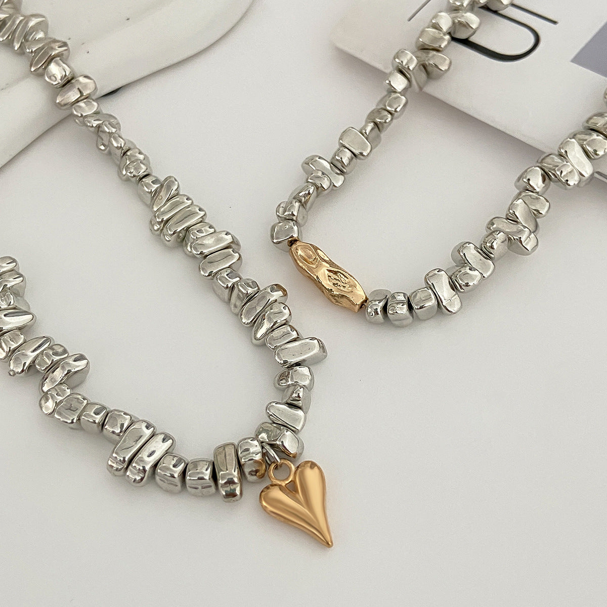Hammered Heart Mixed-Bead Necklace