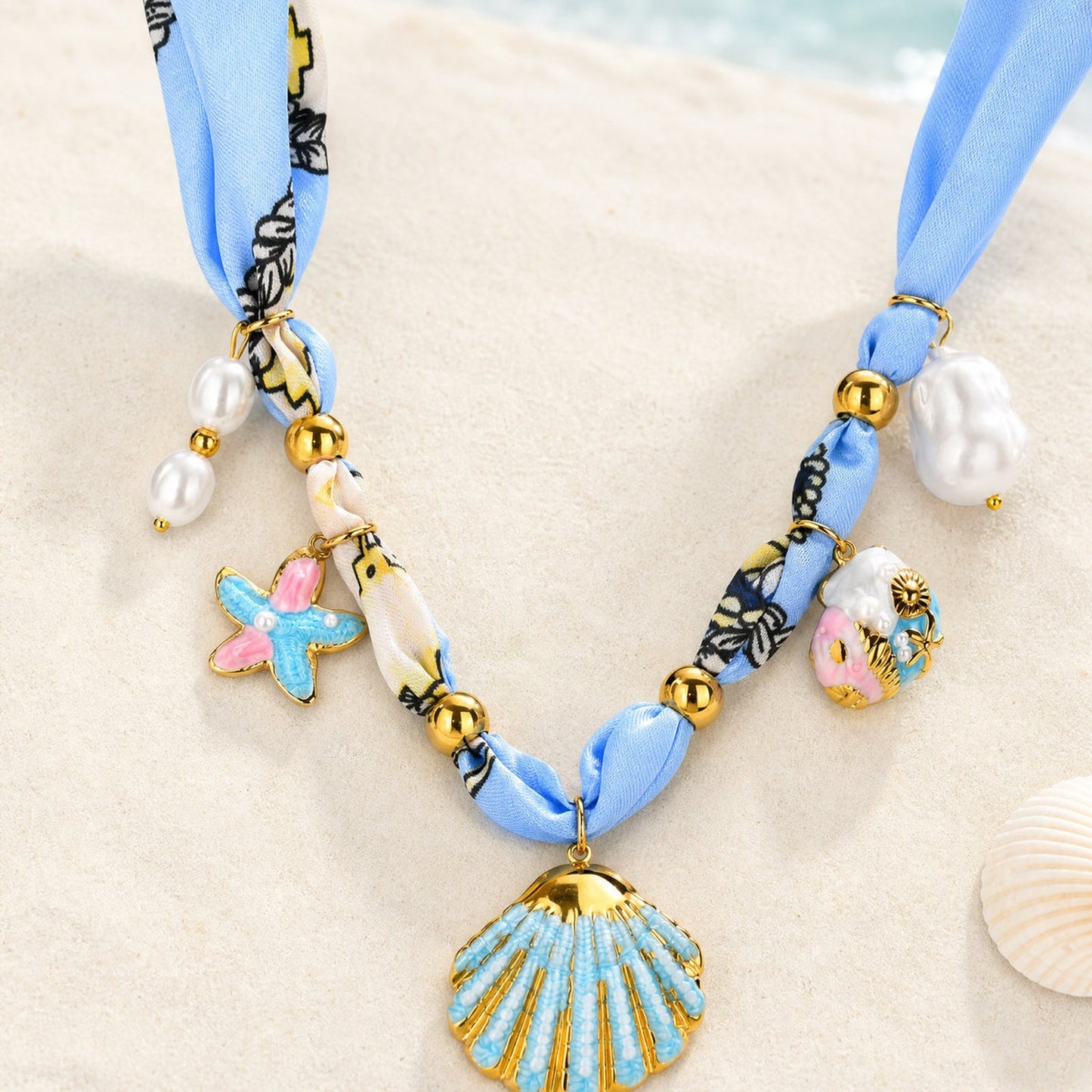 European – American Bohemian Stainless Steel Imitation Pearl Sunflower Printing Silk Necklace