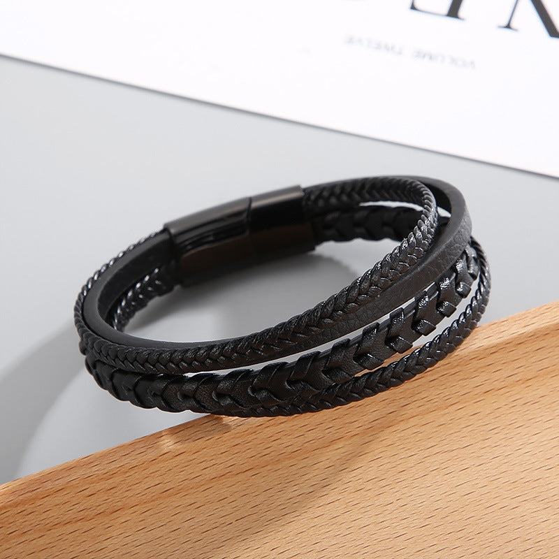 Planderful Mens Leather Braided Bracelet Magnetic Buckle