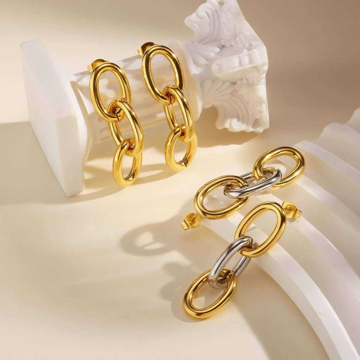 Two-Tone Triple Oval-Link Drop Earrings