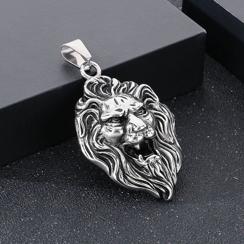 Planderful Lion Head Zircon Pendant Steel Mens Necklace