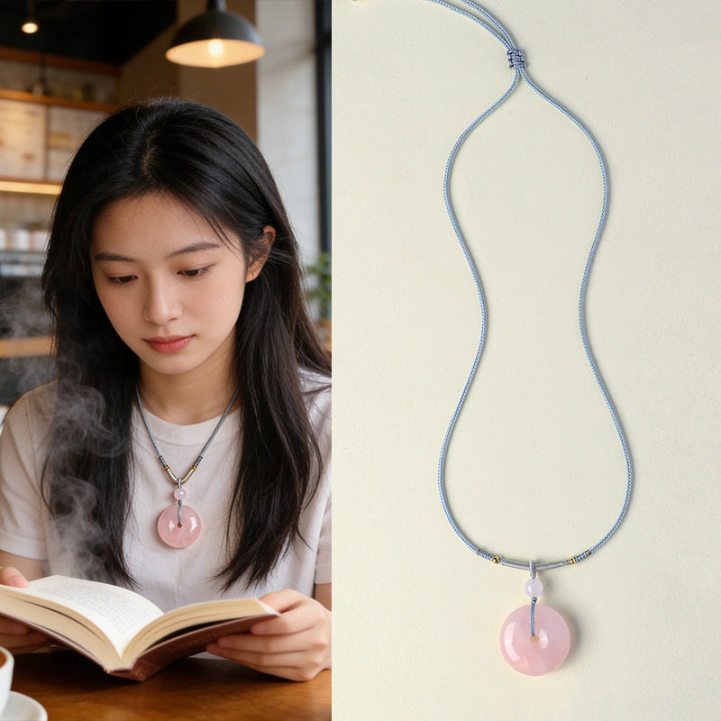 Rose Quartz Obsidian Crystal Peace Buckle Heart Pendant Necklace