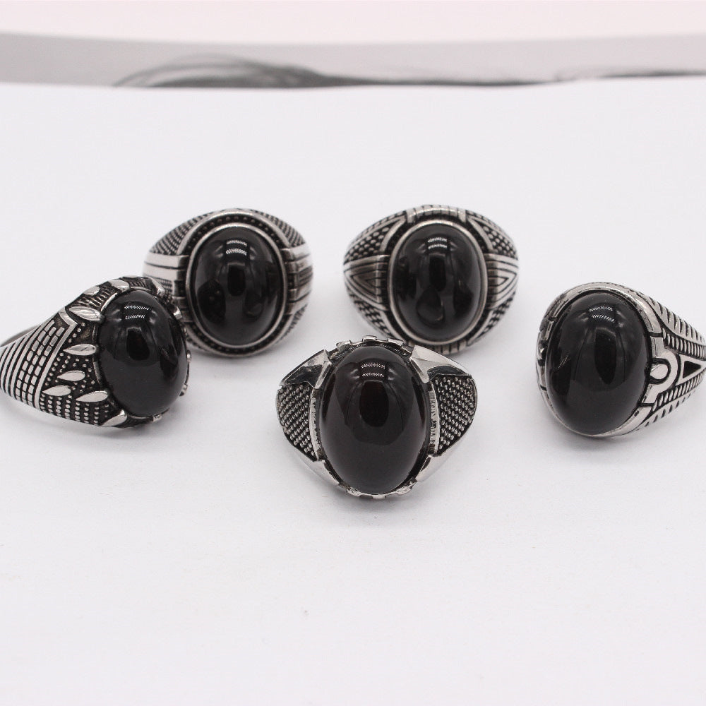 Planderful Titanium Steel Ring Unisex Oval Black Stone