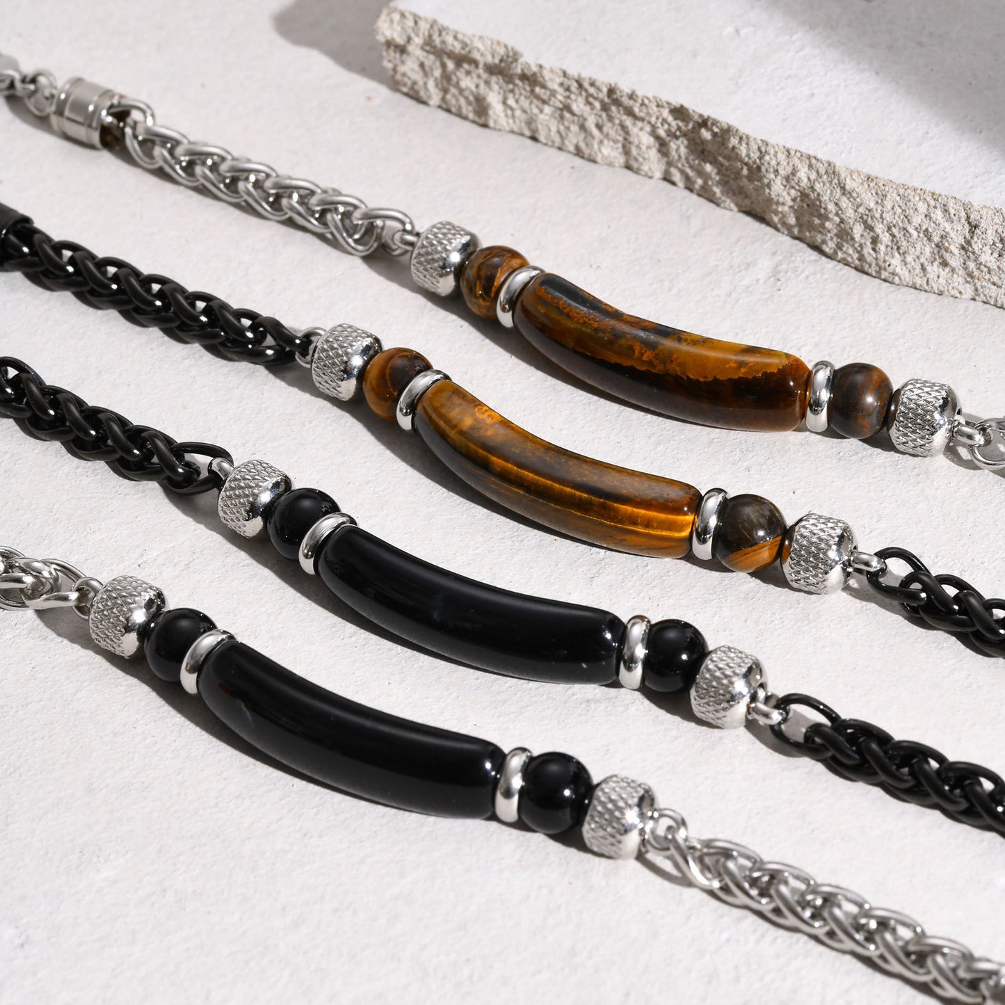 Stainless Steel Flower Basket Chain Black Agate Tiger's Eye Beaded Bracelet for Men