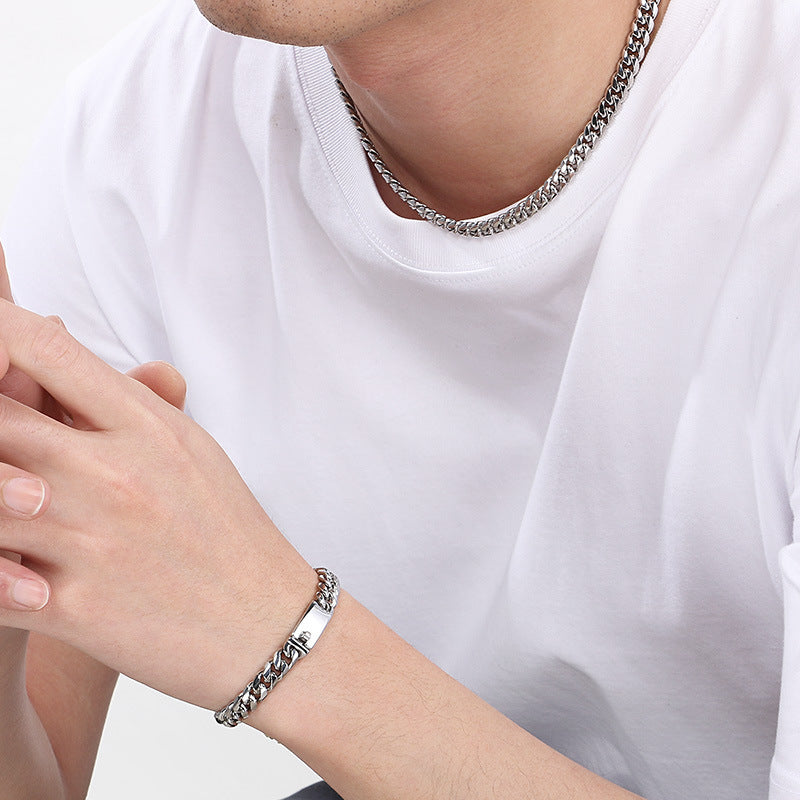 Bend Plug Bracelet 8mm Stainless Steel Cuban Chain Set Men