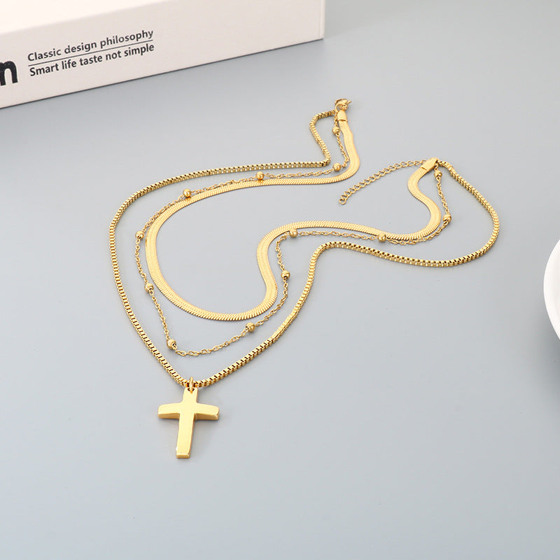 Flat Snake Chain Multi-Layer Chain Necklace, Retro Stainless Steel Box Chain Cross Pendant