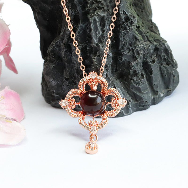 Blood Amber Pendant with Zircon Flower Tassel Necklace for Women