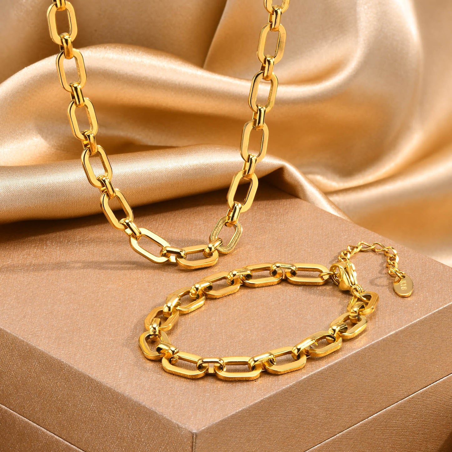 Stainless Steel Flat Cross Chain 18K Gold Bracelet Necklace Set