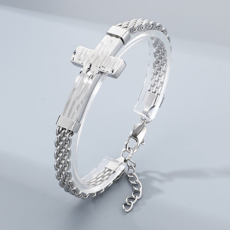 Hammer Texture Cross Stainless Steel Men's Bracelet Hand Adjustable