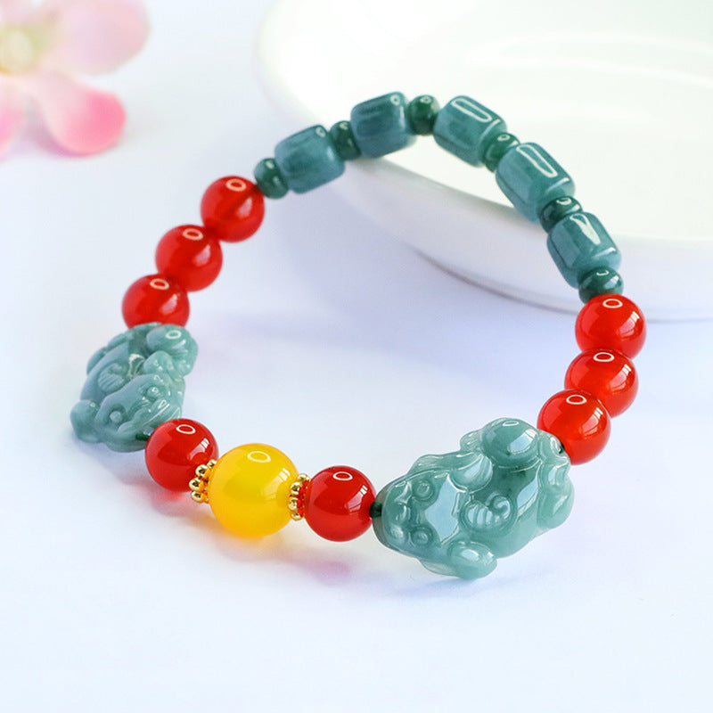 Blue Water Jadeite Pixiu & Agate Beaded Bracelet