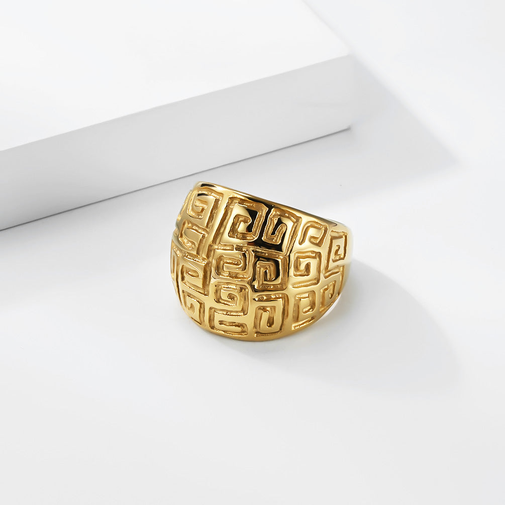 Planderful Titanium Steel Ring Unisex Non Fading Retro Geometric Pattern Everyday Genie