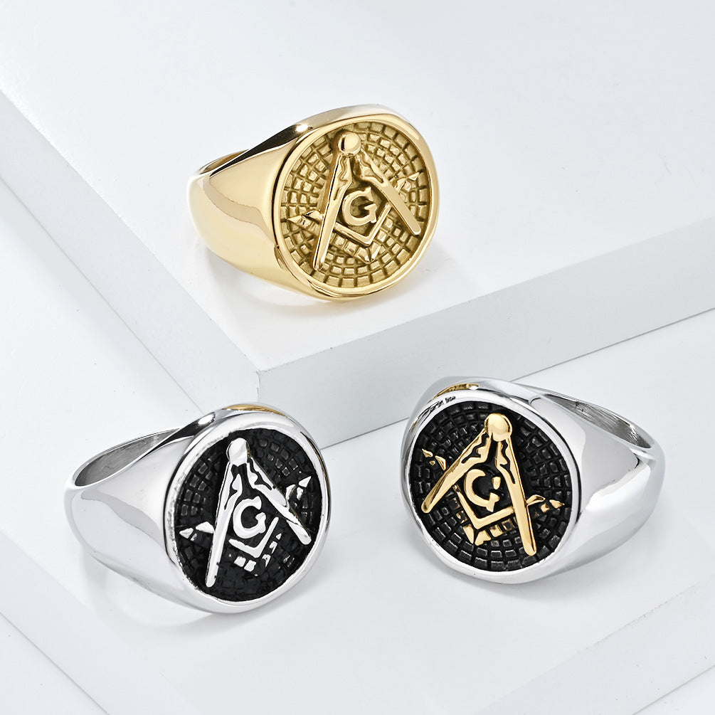 European American Retro Freemasonry Titanium Steel Ring for Men
