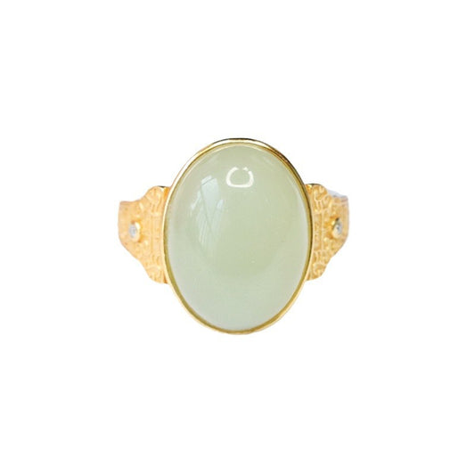 S925 Sterling Silver Adjustable Ring with Natural Hotan Jade Cloudscape Pattern