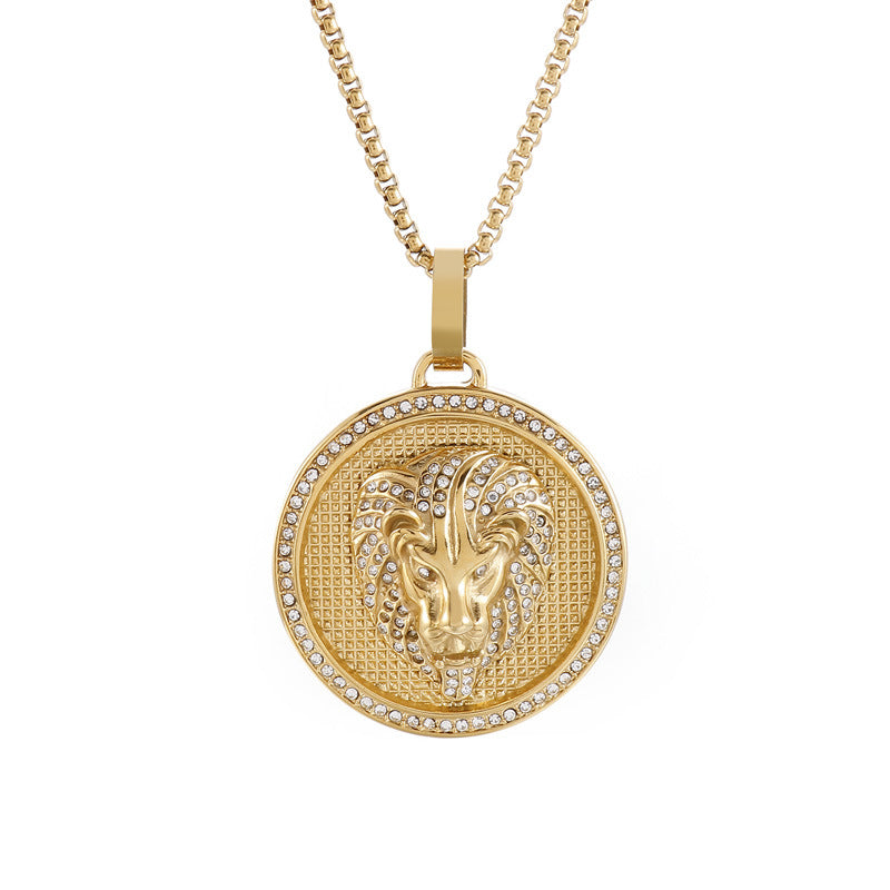 Rock Hip Hop Round Pendant, Retro Electroplated 18k Gold Slightly Inlaid Zircon Lion Necklace