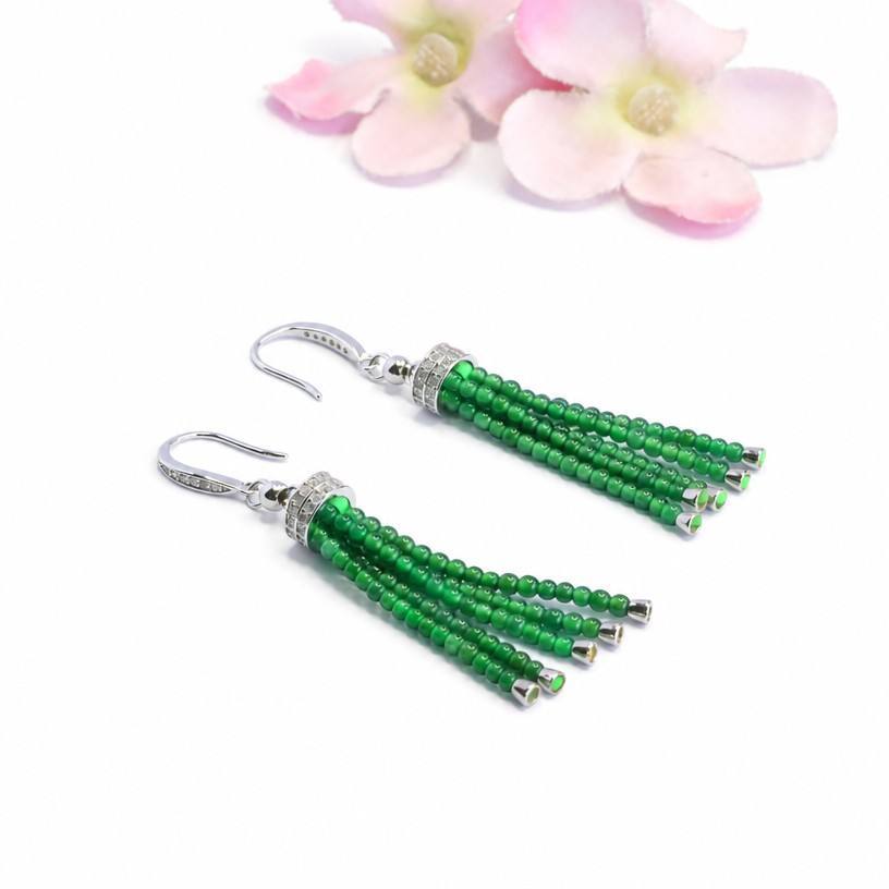 Jadeite Tassel 925 Silver Drop Earrings