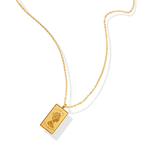 Regal Queen Portrait Necklace with Double-Sided Pendant in Gold-Plated Titanium Steel