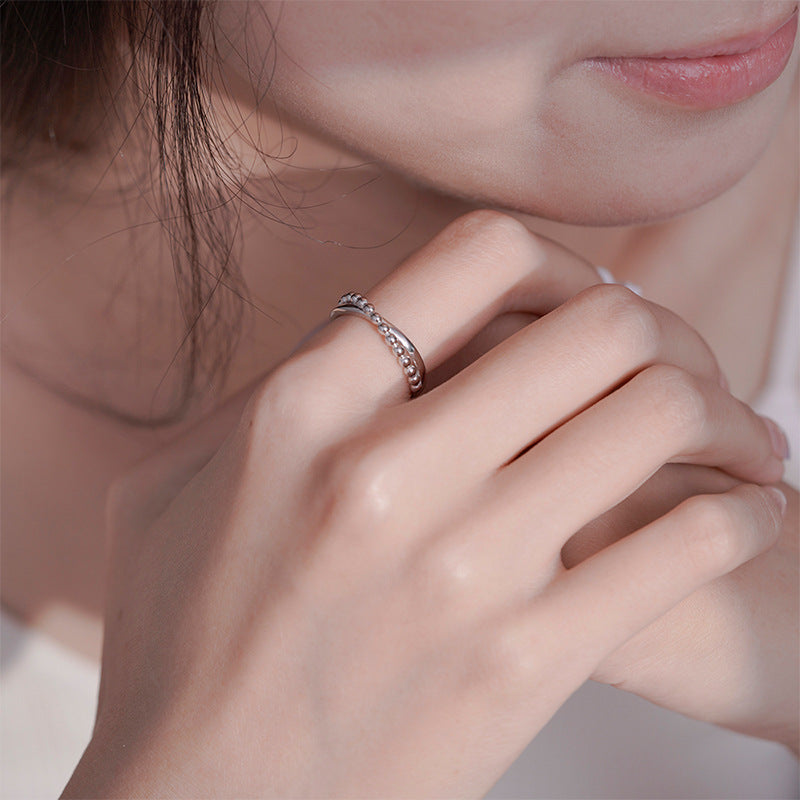 Double Layer Cross Bead Ring Sterling Silver Vintage Irregular