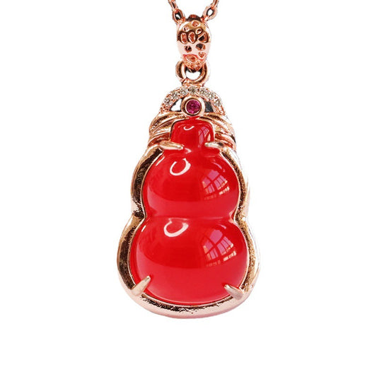 Red Agate Gourd Rose-Gold-Tone Pendant — No Chain