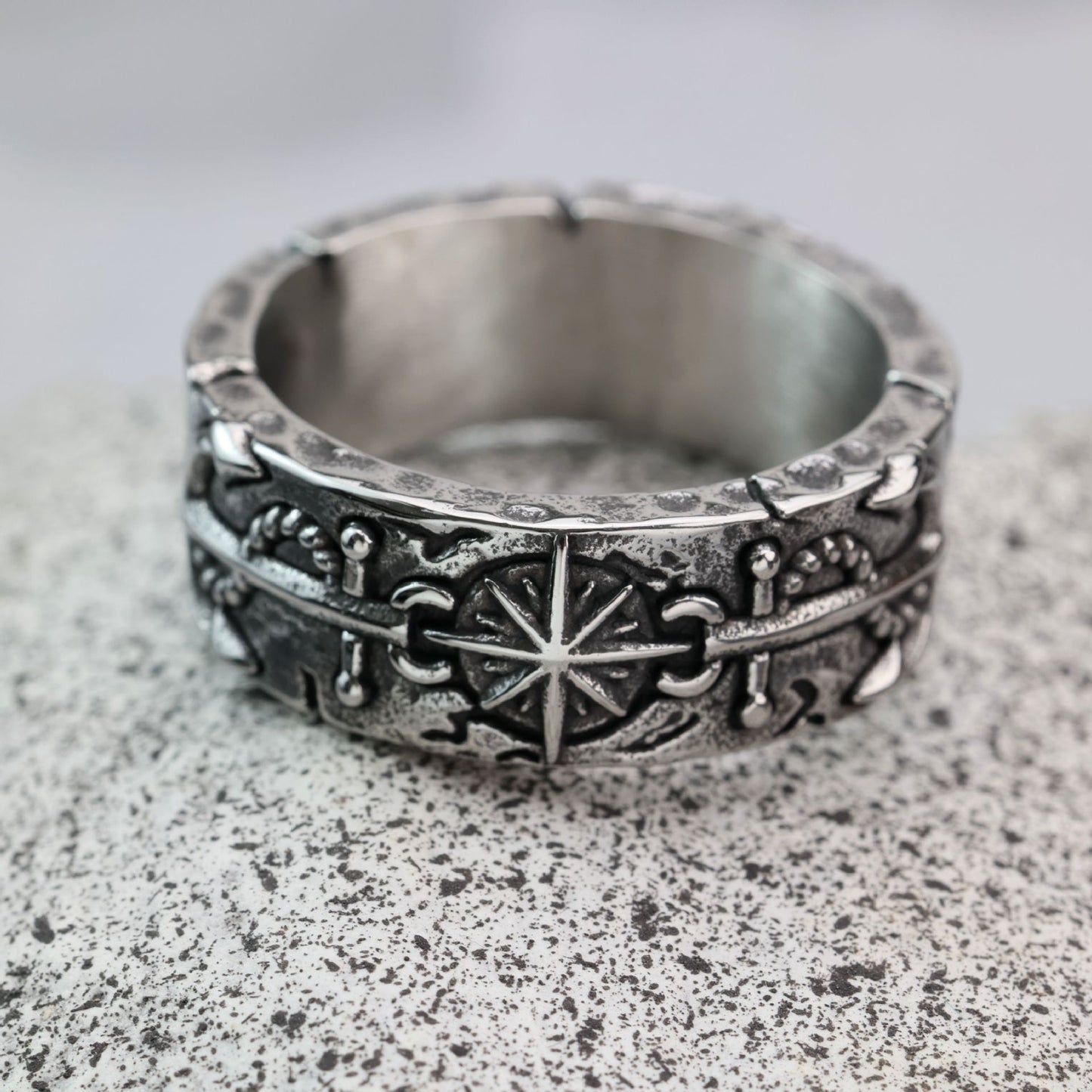 Planderful Titanium Steel Hexagram Anchor Ring For Men Trendy Punk Sailor Style Sun Ray Design