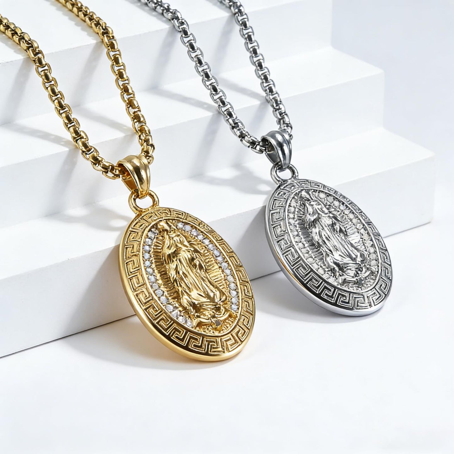 Planderful Virgin Mary Oval Pendant Necklace Titanium Steel Unisex Jewelry European Retro Relief Portrait